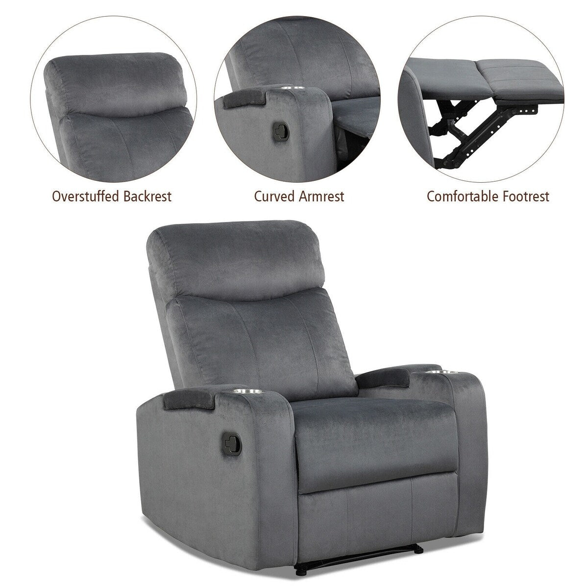 Recliner Chair Single Sofa Lounger with Arm Storage and Cup Holder for Living Room