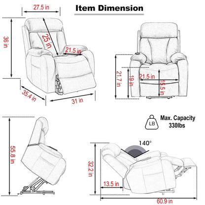 Recliner Chair Wide Seat with Overstuffed Pillows, Remote Control and Side Pocket