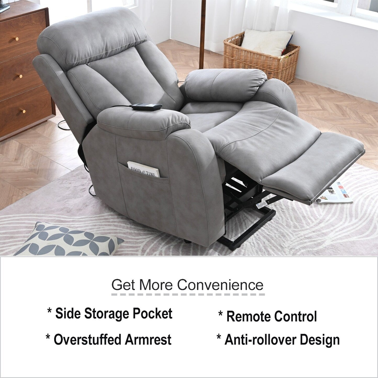 Recliner Chair Wide Seat with Overstuffed Pillows, Remote Control and Side Pocket