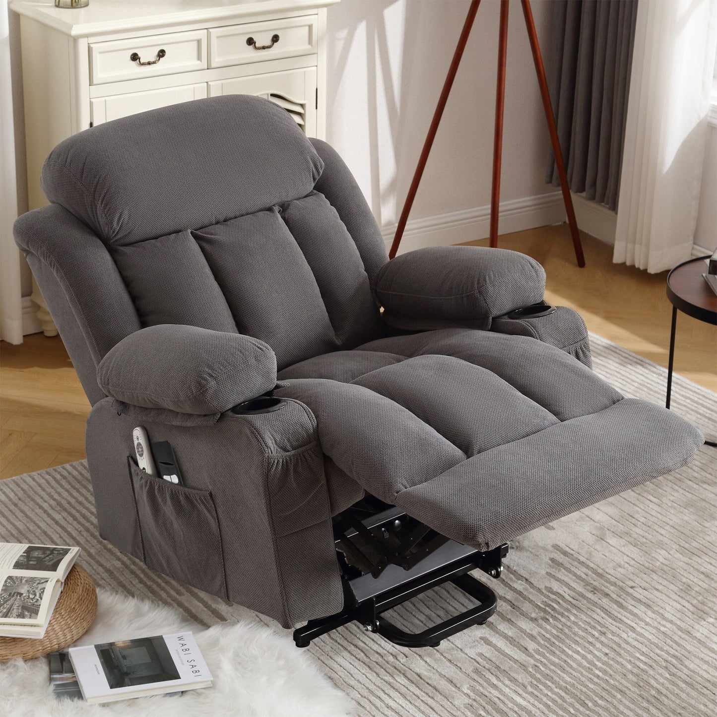 Recliner Chair with Heat and Massage Electric Fabric Recliner Chair with Side Pocket, USB Charge Port, Remote Control