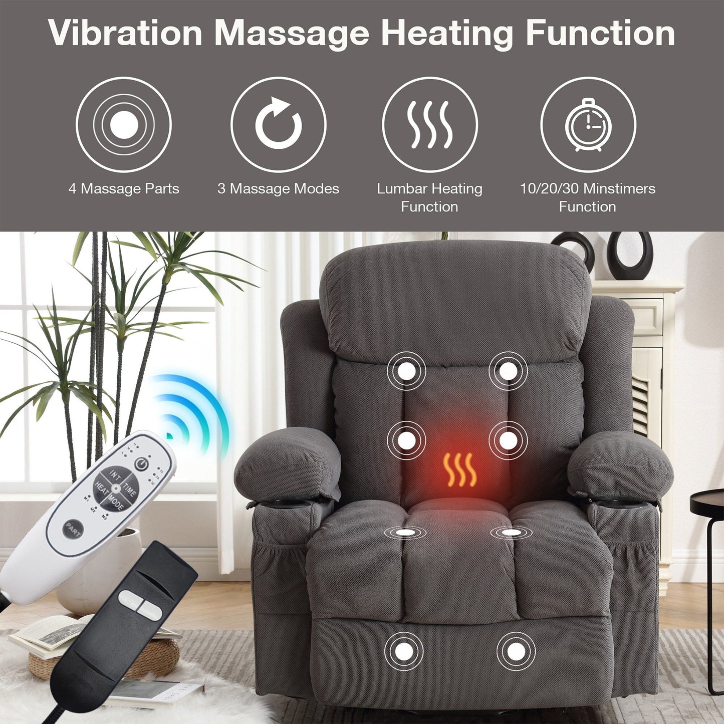 Recliner Chair with Heat and Massage Electric Fabric Recliner Chair with Side Pocket, USB Charge Port, Remote Control