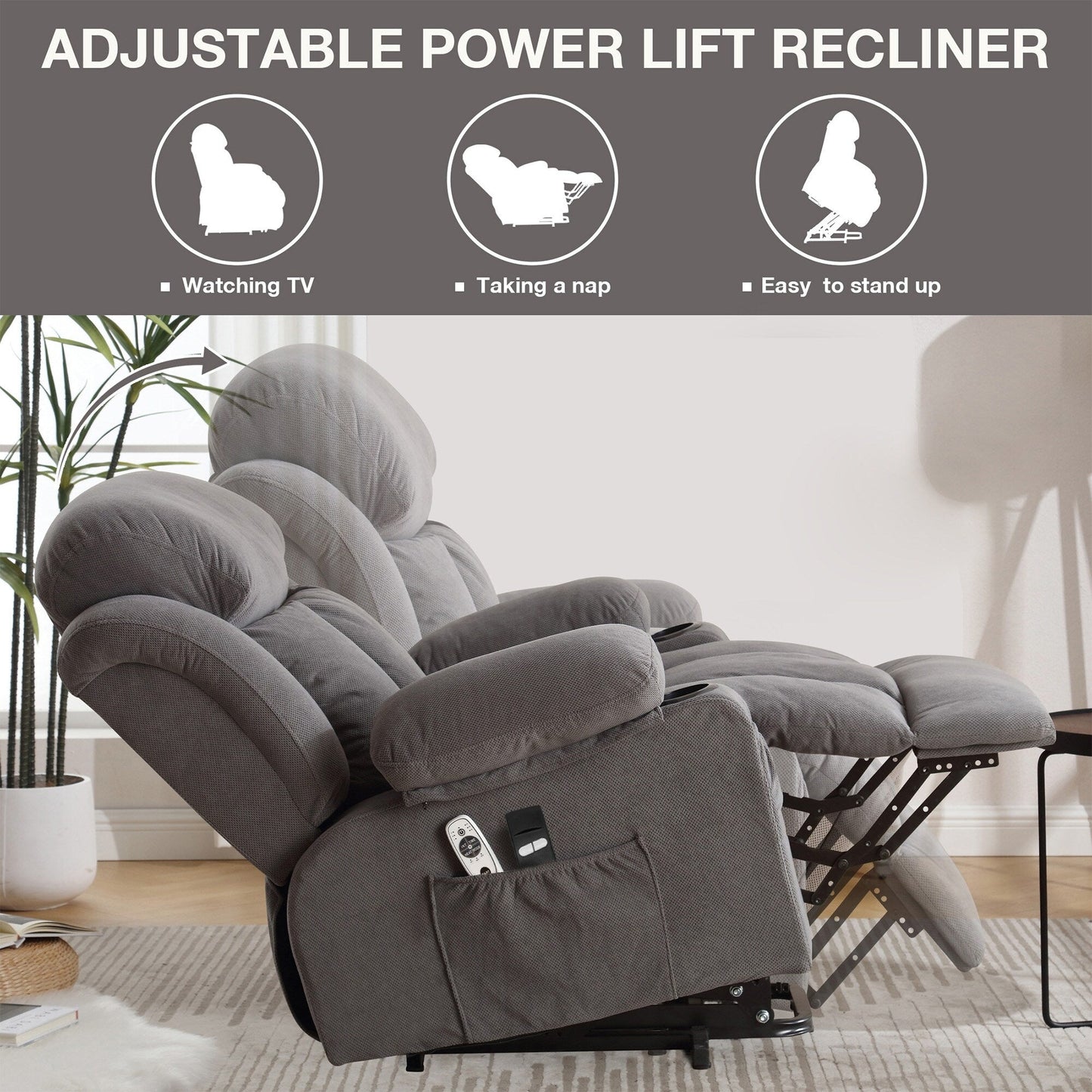 Recliner Chair with Heat and Massage Electric Fabric Recliner Chair with Side Pocket, USB Charge Port, Remote Control