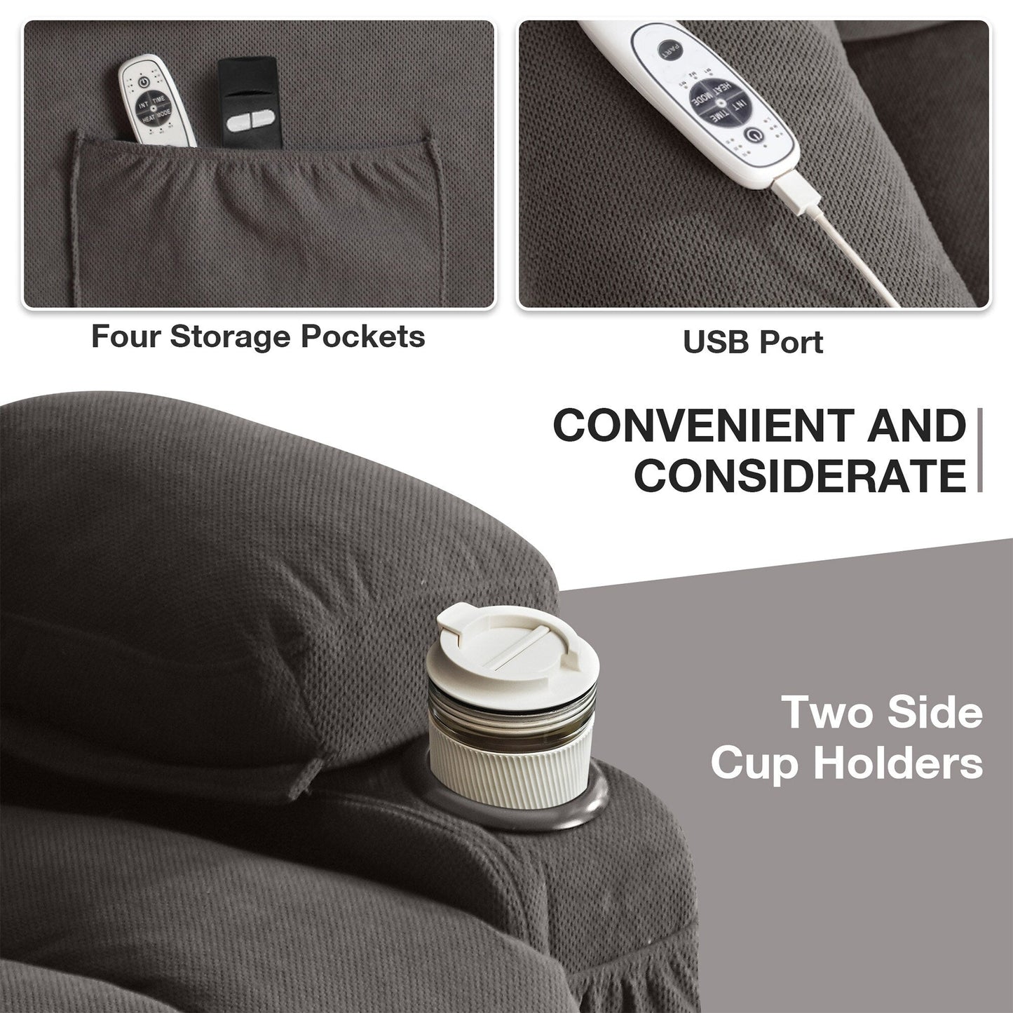 Recliner Chair with Heat and Massage Electric Fabric Recliner Chair with Side Pocket, USB Charge Port, Remote Control