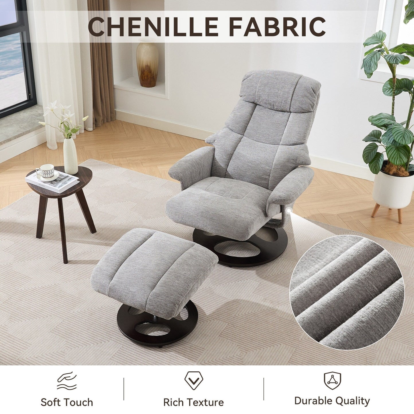 Recliner Chair with Ottoman, 360° Swivel Lounge Chair with Footstool, Chenille Fabric, Seat Heating & 140° Adjustable Backrest