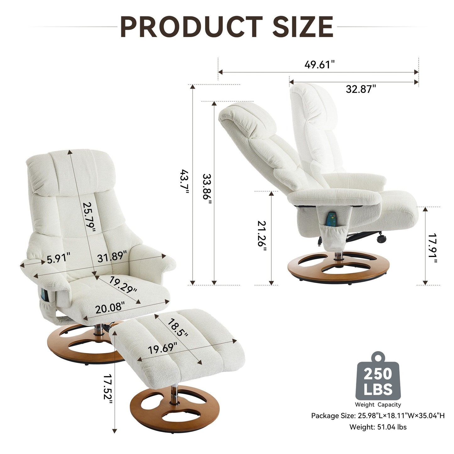 Recliner Chair with Ottoman, 360° Swivel Lounge Chair with Footstool, Chenille Fabric, Seat Heating & 140° Adjustable Backrest