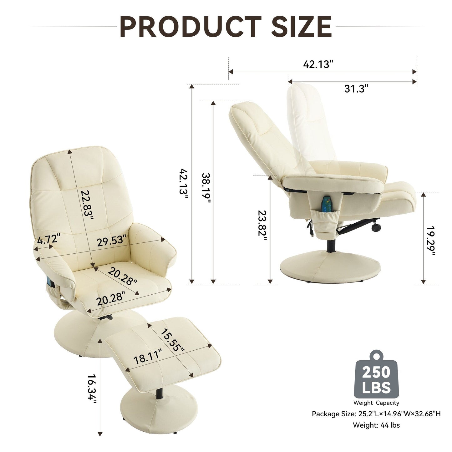 Recliner Chair with Ottoman, 360° Swivel PU Leather Reclining Chair with Wrapped Base, Seat Heating and 140° Adjustable Backrest