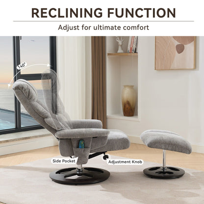 Recliner Chair with Ottoman, Modern 360° Swivel Lounge Chair with Footstool, Chenille Fabric, 5 Point Vibration Massage