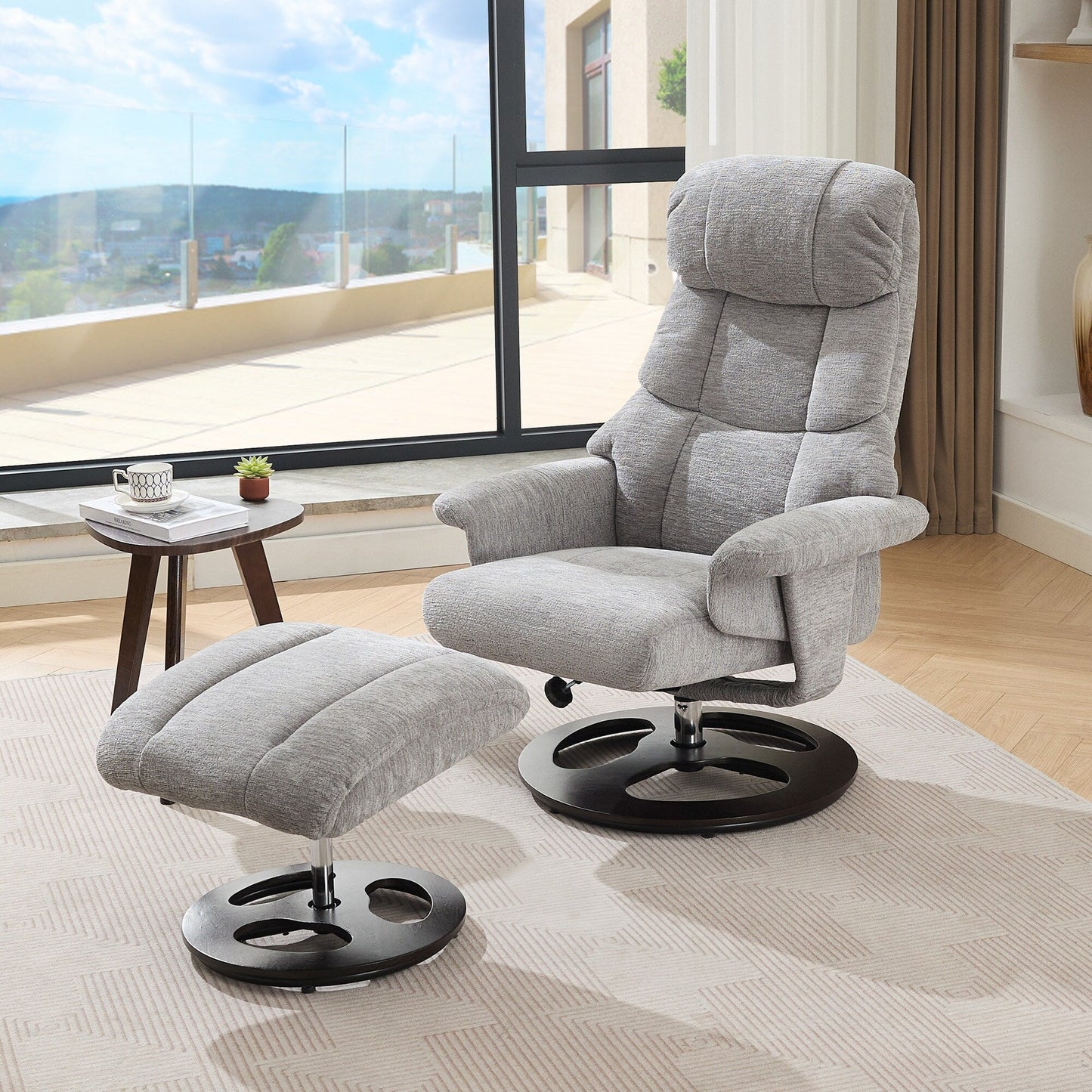 Recliner Chair with Ottoman, Modern 360° Swivel Lounge Chair with Footstool, Chenille Fabric, 5 Point Vibration Massage