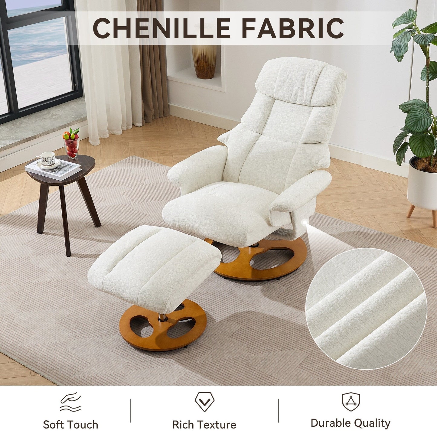 Recliner Chair with Ottoman, Modern 360° Swivel Lounge Chair with Footstool, Chenille Fabric, 5 Point Vibration Massage