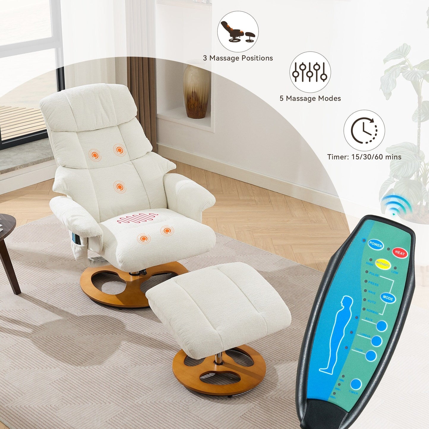 Recliner Chair with Ottoman, Modern 360° Swivel Lounge Chair with Footstool, Chenille Fabric, 5 Point Vibration Massage