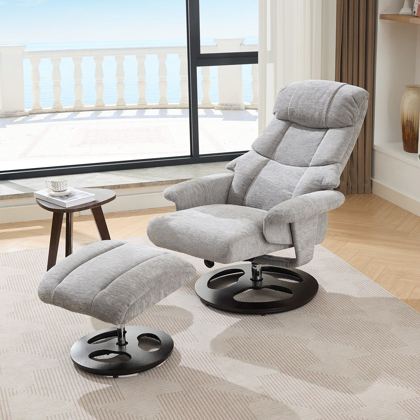 Recliner Chair with Ottoman, Modern 360° Swivel Lounge Chair with Footstool, Chenille Fabric, 5 Point Vibration Massage