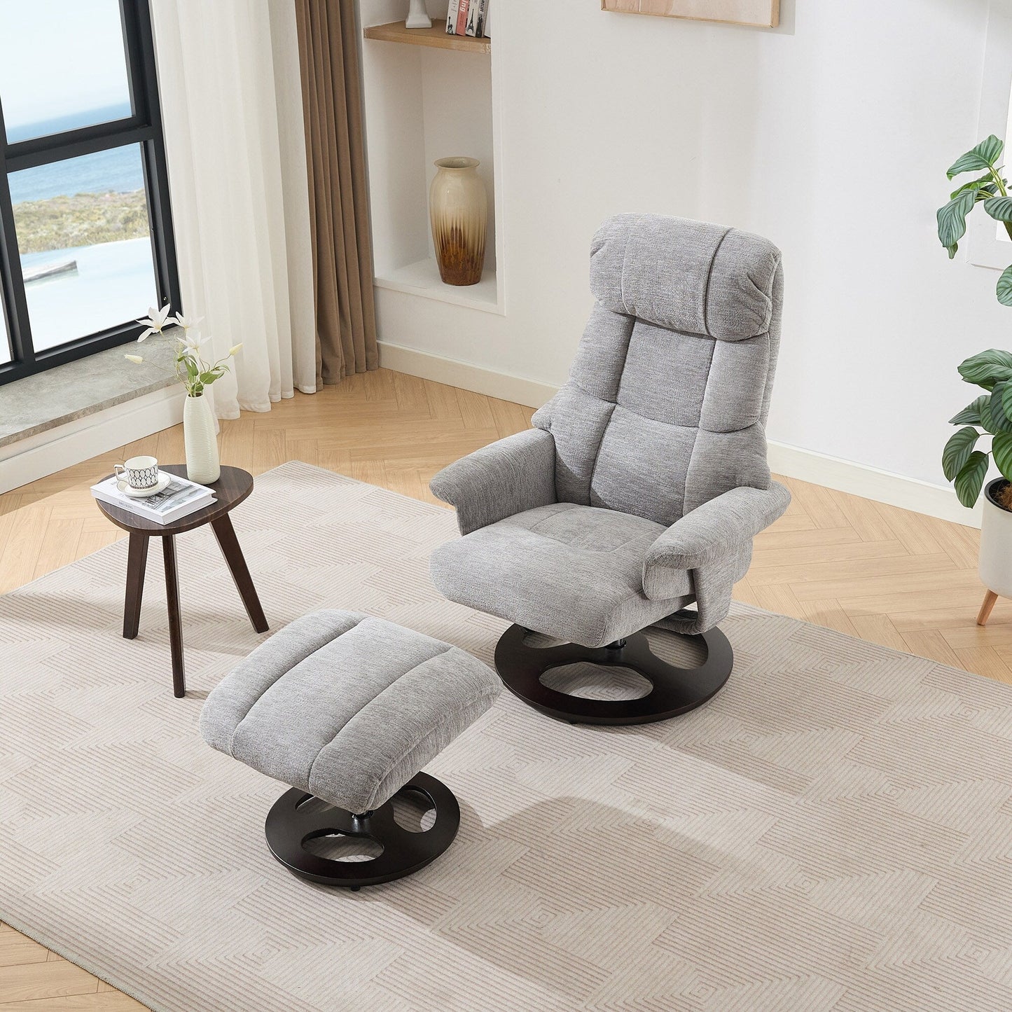 Recliner Chair with Ottoman, Modern 360° Swivel Lounge Chair with Footstool, Chenille Fabric, 5 Point Vibration Massage