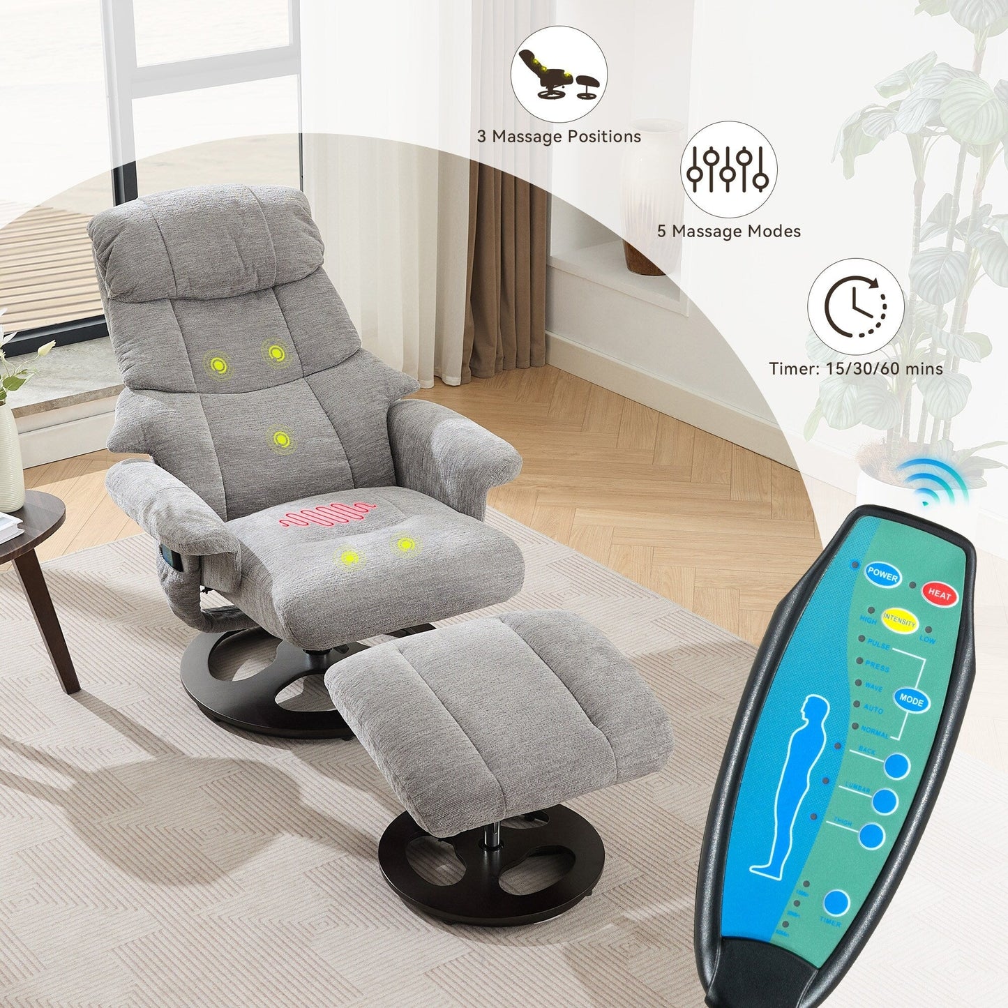 Recliner Chair with Ottoman, Modern 360° Swivel Lounge Chair with Footstool, Chenille Fabric, 5 Point Vibration Massage