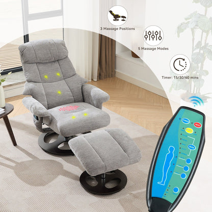 Recliner Chair with Ottoman, Modern 360° Swivel Lounge Chair with Footstool, Chenille Fabric, 5 Point Vibration Massage