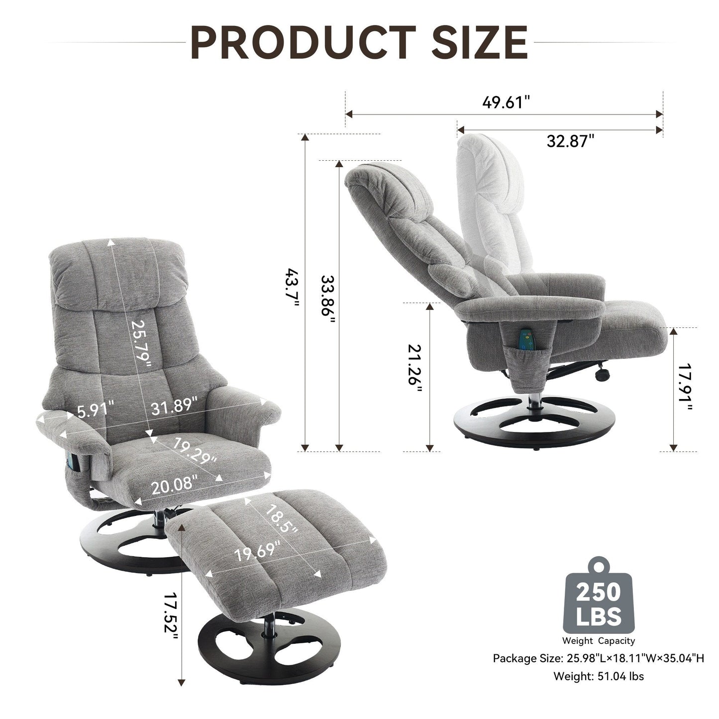 Recliner Chair with Ottoman, Modern 360° Swivel Lounge Chair with Footstool, Chenille Fabric, 5 Point Vibration Massage