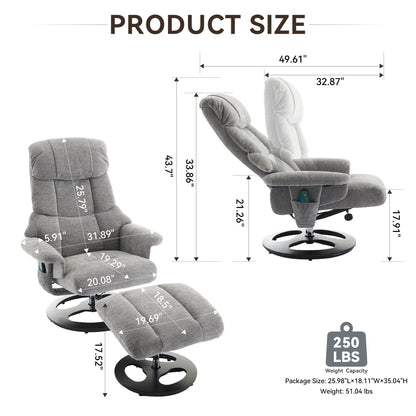 Recliner Chair with Ottoman, Modern 360° Swivel Lounge Chair with Footstool, Chenille Fabric, 5 Point Vibration Massage