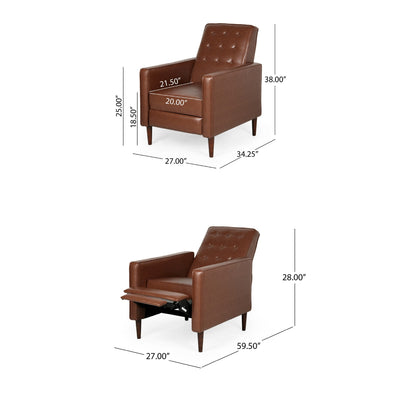 Recliner Chair, Birch Wood, Brown Tufted Waffle Stitch Faux Leather