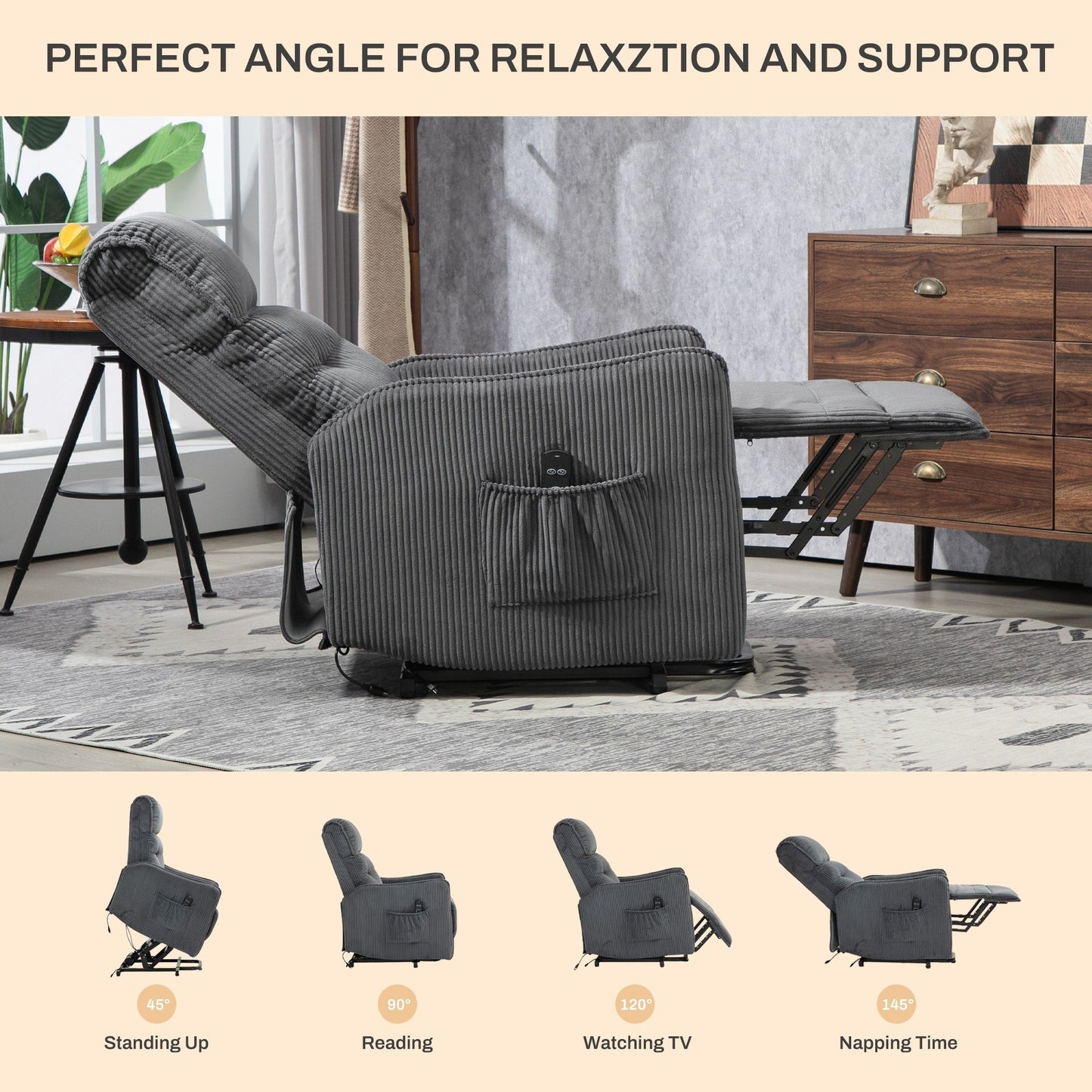Recliner Chair, Electric Recliner Chairs for Adults, Side Pocket Power Reclining Chair Pocket Springs Seat Cushion
