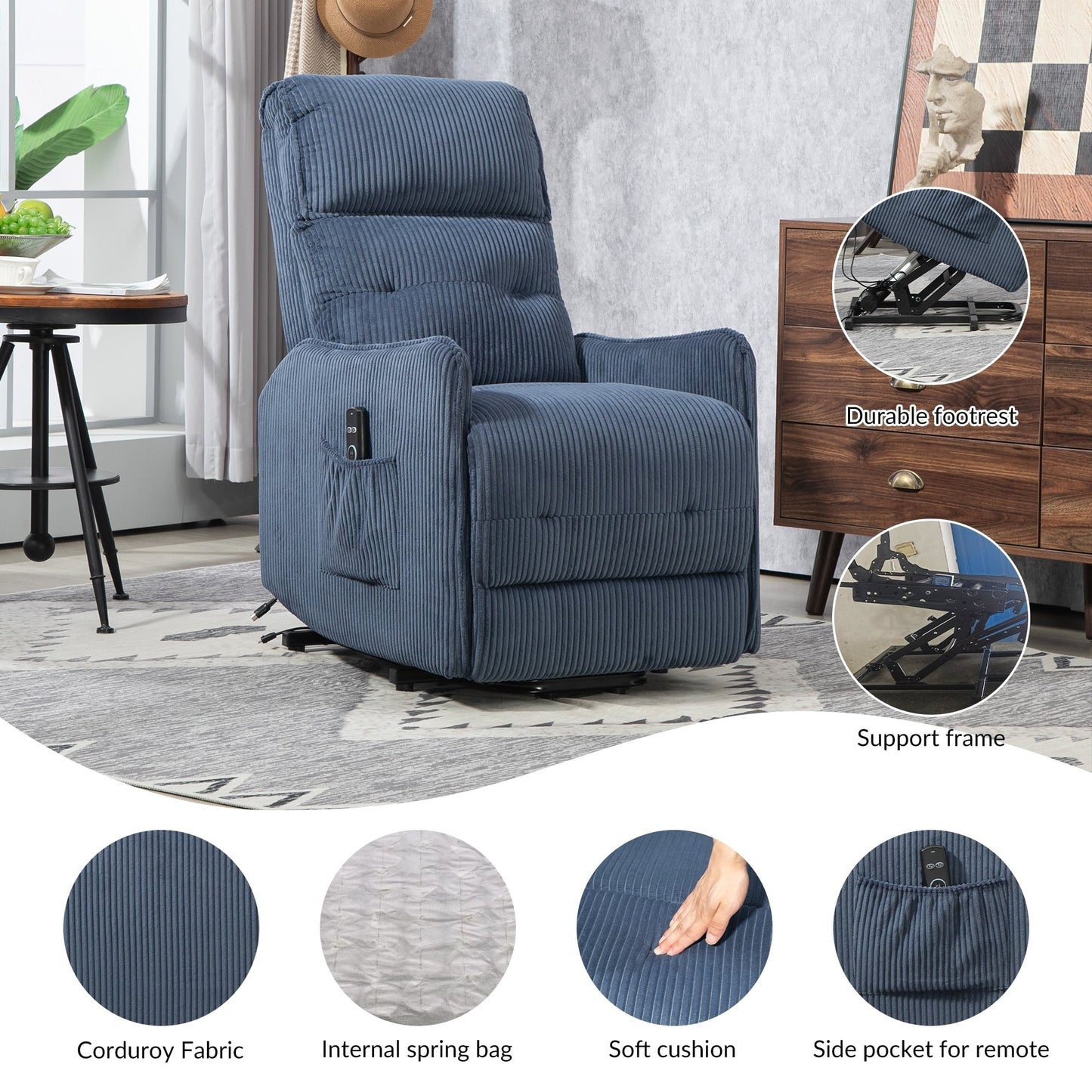 Recliner Chair, Electric Recliner Chairs for Adults, Side Pocket Power Reclining Chair Pocket Springs Seat Cushion