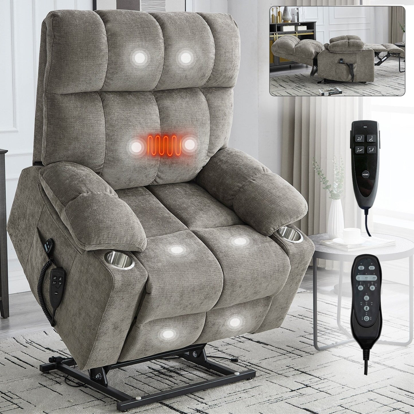 Recliner Chair, Heavy Duty Motion Mechanism with 8-Point Vibration Massage and Lumbar Heating, Dual Cup Holders