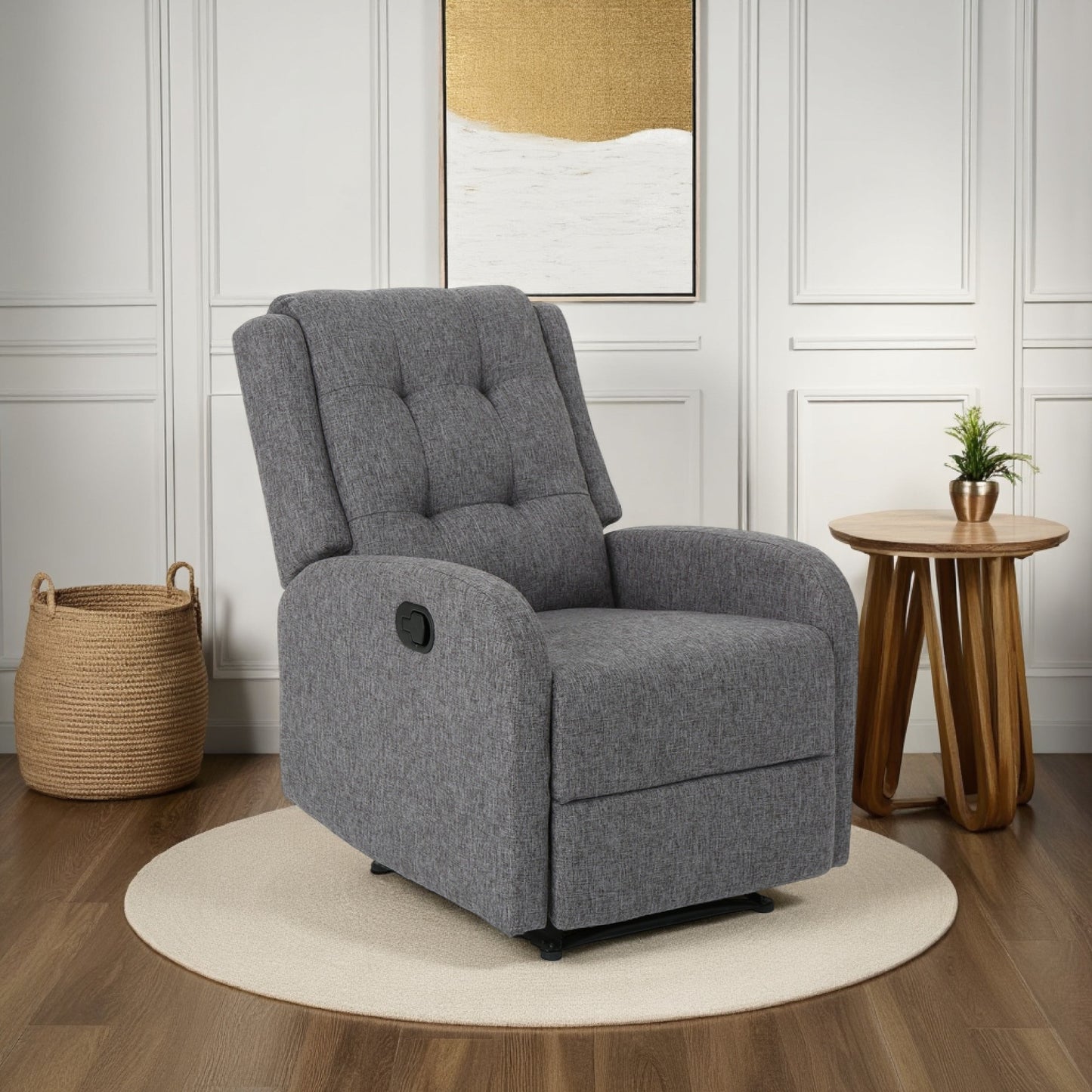 Recliner Chair, Manual Pull Tab, Button Tufted Charcoal Gray Fabric