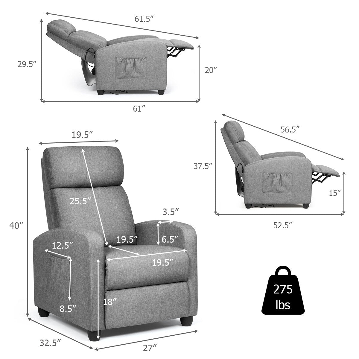 Recliner Massage Chair, Ergonomic Adjustable Single Sofa with Padded