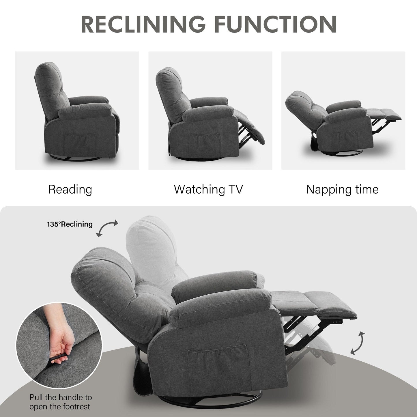 Recliner chair,360 degree rotating swing single sofa chair, equipped with soft cushion and backrest, comfortable armchair