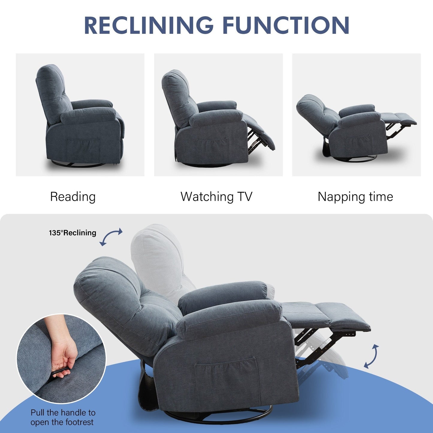 Recliner chair,360 degree rotating swing single sofa chair, equipped with soft cushion and backrest, comfortable armchair