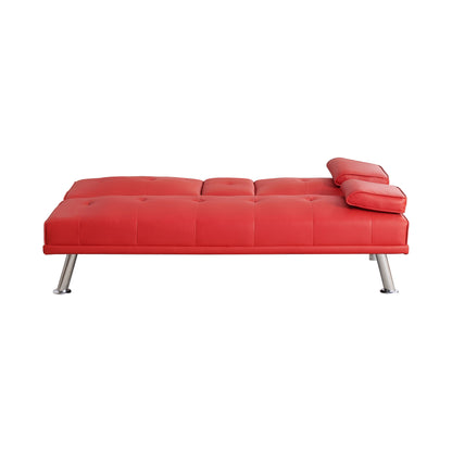 Red 67 Faux Leather Folding Loveseat Sofa Bed with Silver Metal Legs and Cup Holder for Living Room