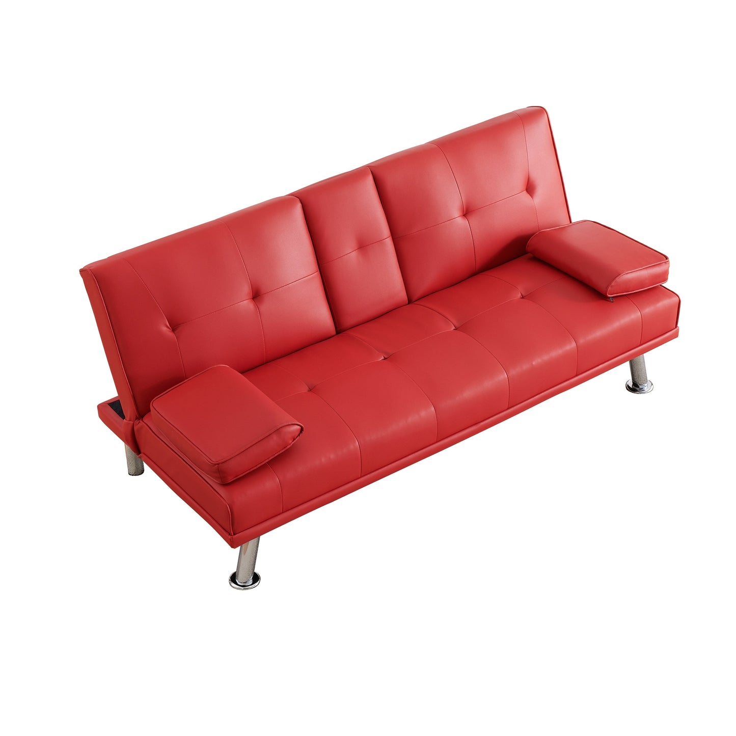 Red 67 Faux Leather Folding Loveseat Sofa Bed with Silver Metal Legs and Cup Holder for Living Room