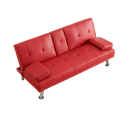 Red 67 Faux Leather Folding Loveseat Sofa Bed with Silver Metal Legs and Cup Holder for Living Room