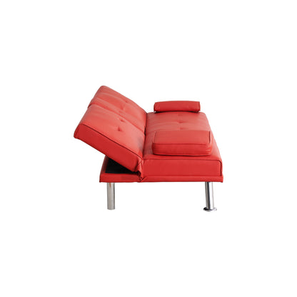 Red 67 Faux Leather Folding Loveseat Sofa Bed with Silver Metal Legs and Cup Holder for Living Room
