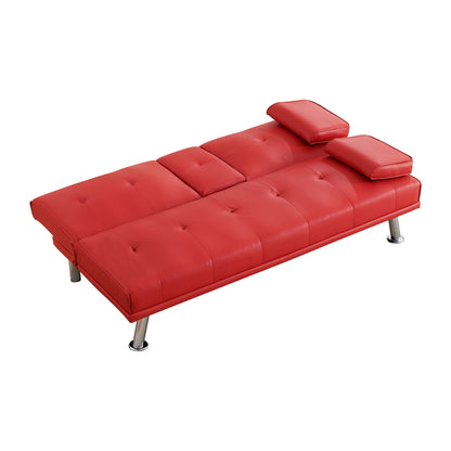 Red 67 Faux Leather Folding Loveseat Sofa Bed with Silver Metal Legs and Cup Holder for Living Room