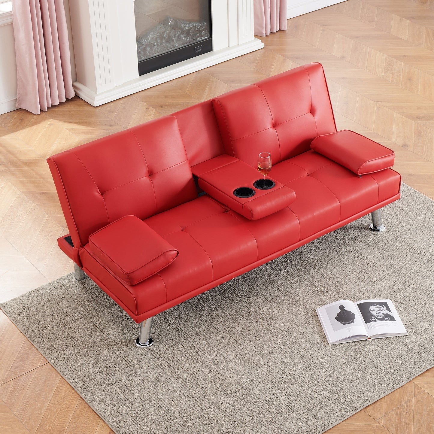 Red 67 Faux Leather Folding Loveseat Sofa Bed with Silver Metal Legs and Cup Holder for Living Room