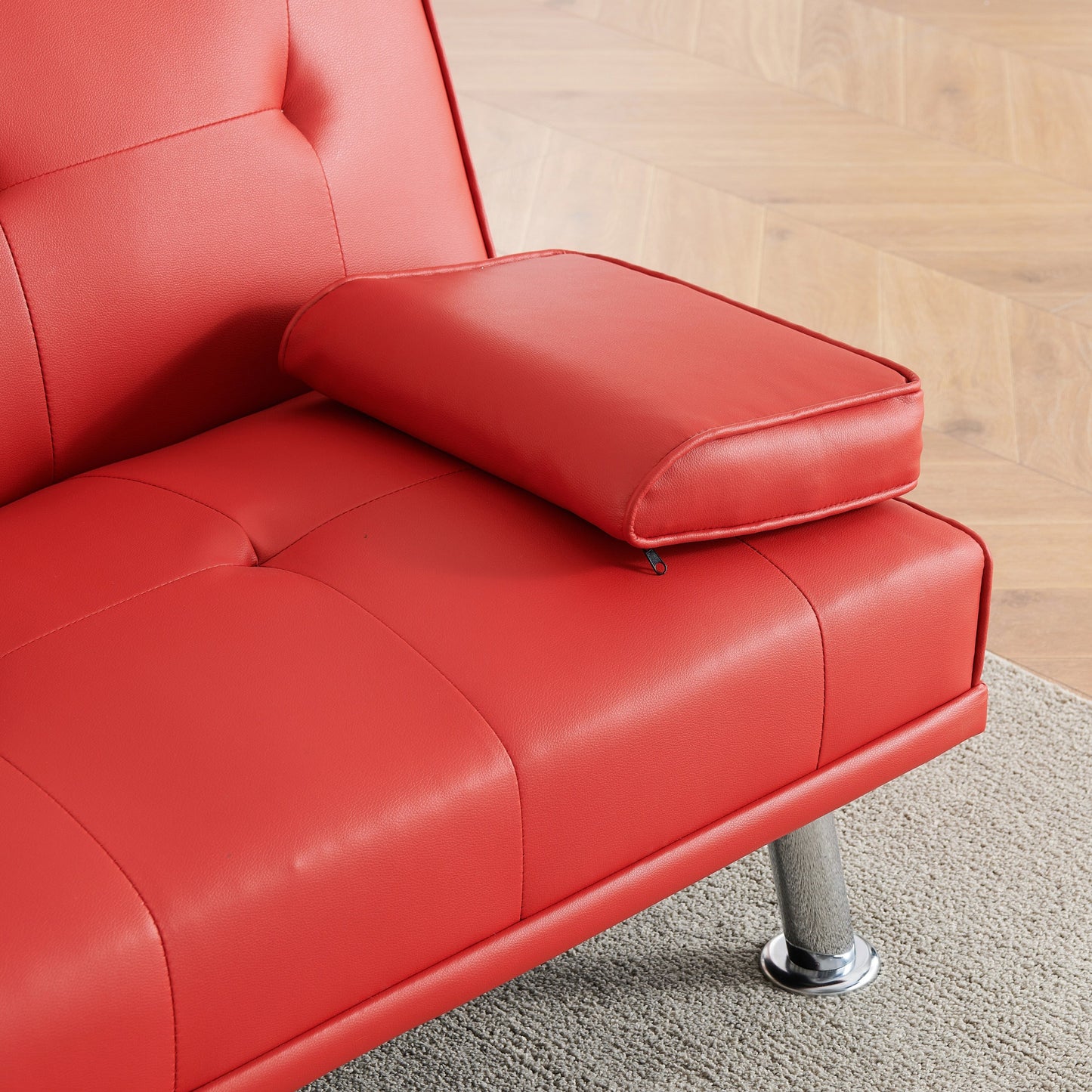 Red 67 Faux Leather Folding Loveseat Sofa Bed with Silver Metal Legs and Cup Holder for Living Room