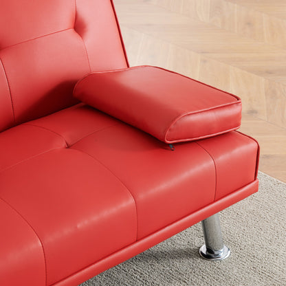 Red 67 Faux Leather Folding Loveseat Sofa Bed with Silver Metal Legs and Cup Holder for Living Room