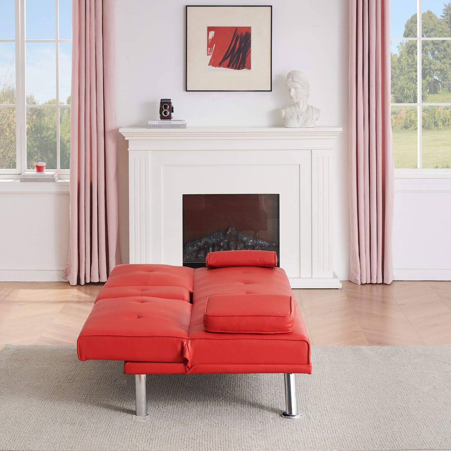 Red 67 Faux Leather Folding Loveseat Sofa Bed with Silver Metal Legs and Cup Holder for Living Room