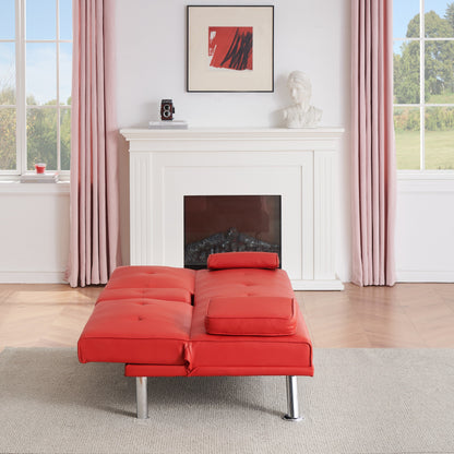 Red 67 Faux Leather Folding Loveseat Sofa Bed with Silver Metal Legs and Cup Holder for Living Room