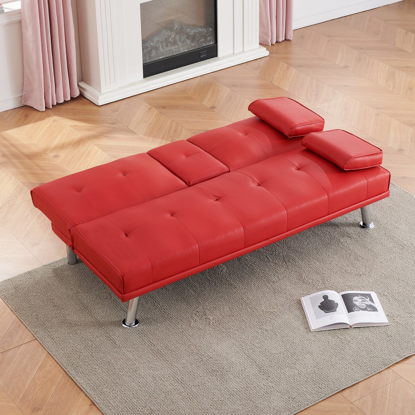 Red 67 Faux Leather Folding Loveseat Sofa Bed with Silver Metal Legs and Cup Holder for Living Room