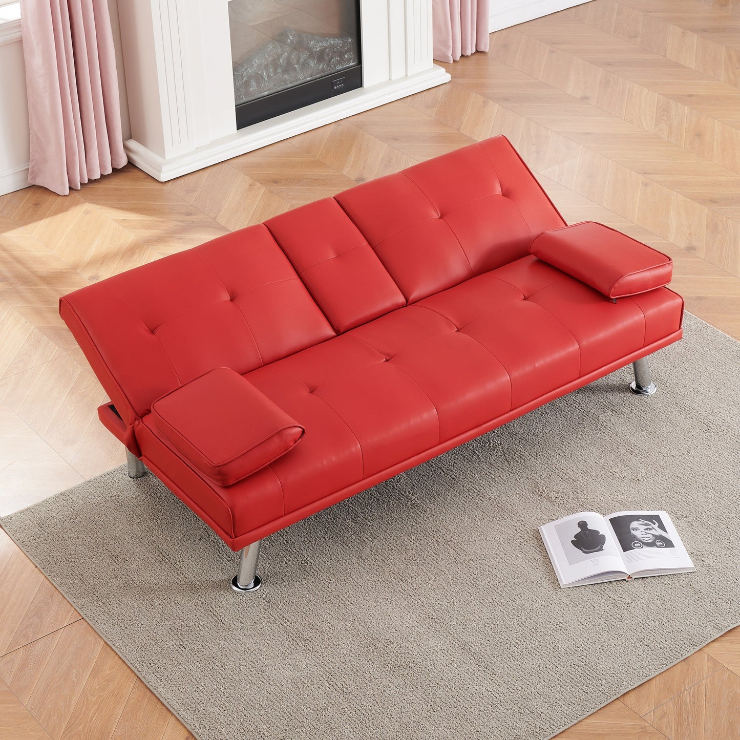 Red 67 Faux Leather Folding Loveseat Sofa Bed with Silver Metal Legs and Cup Holder for Living Room