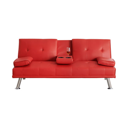 Red 67 Faux Leather Folding Loveseat Sofa Bed with Silver Metal Legs and Cup Holder for Living Room