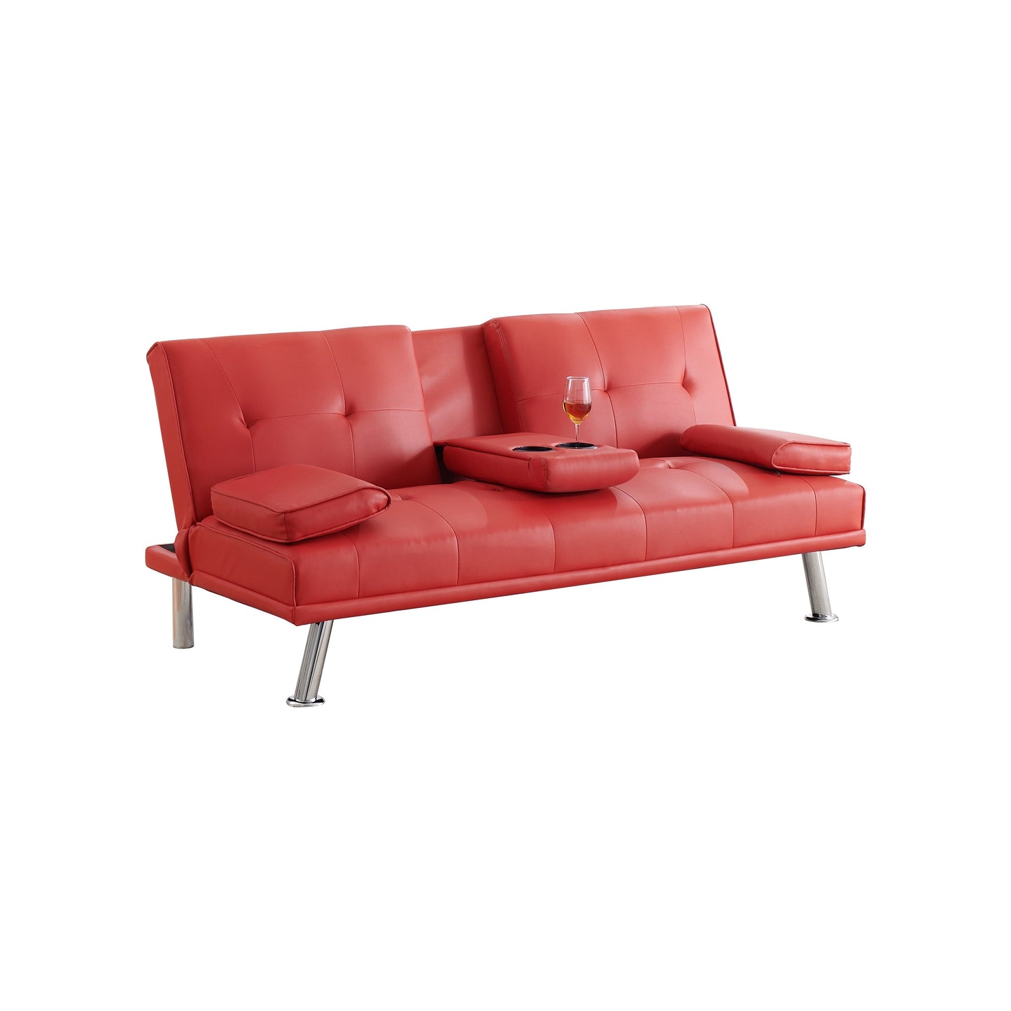 Red 67 Faux Leather Folding Loveseat Sofa Bed with Silver Metal Legs and Cup Holder for Living Room