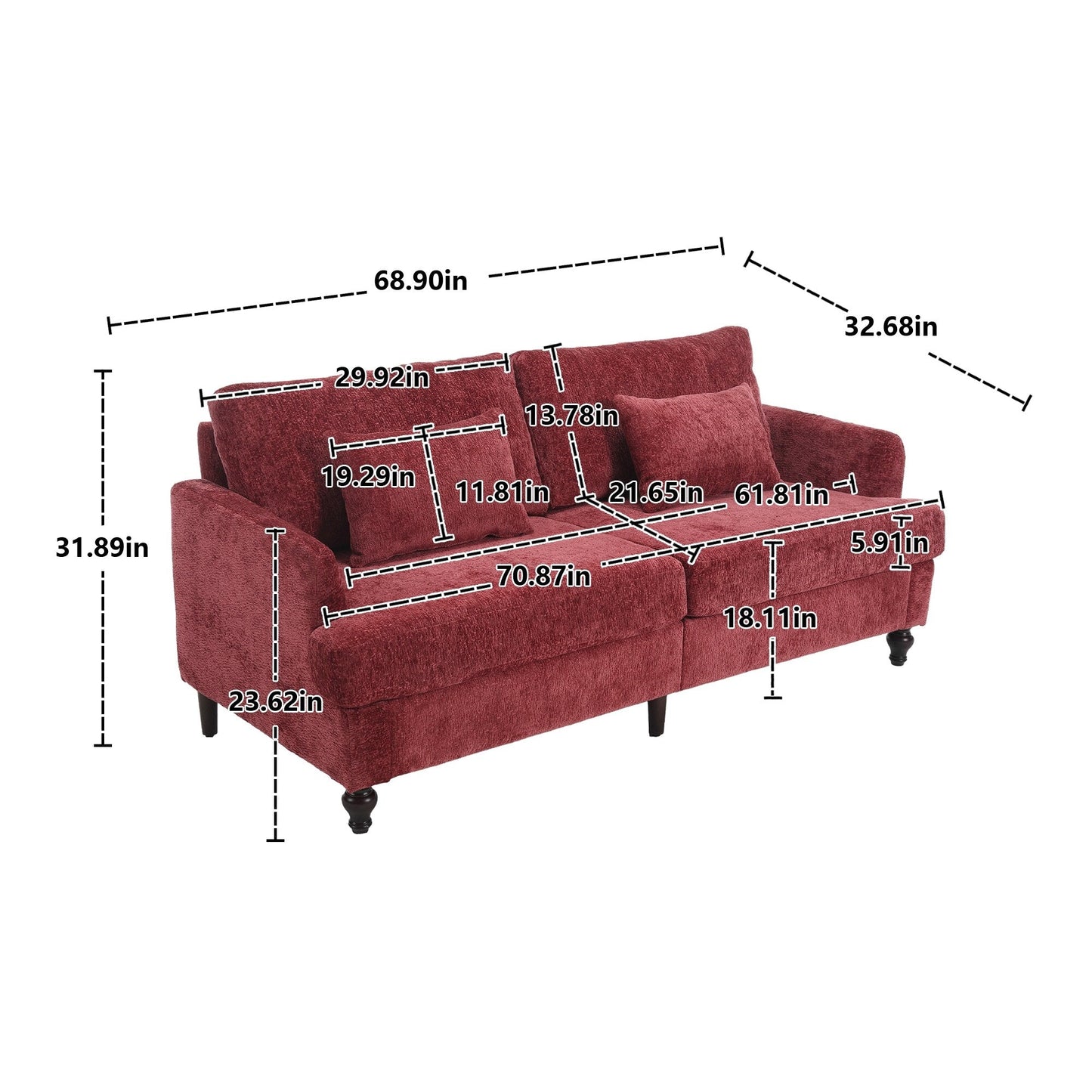 Red 68.9'' Fabric 2-Seater Sofa with Detachable Cushions and Solid Wood Frame