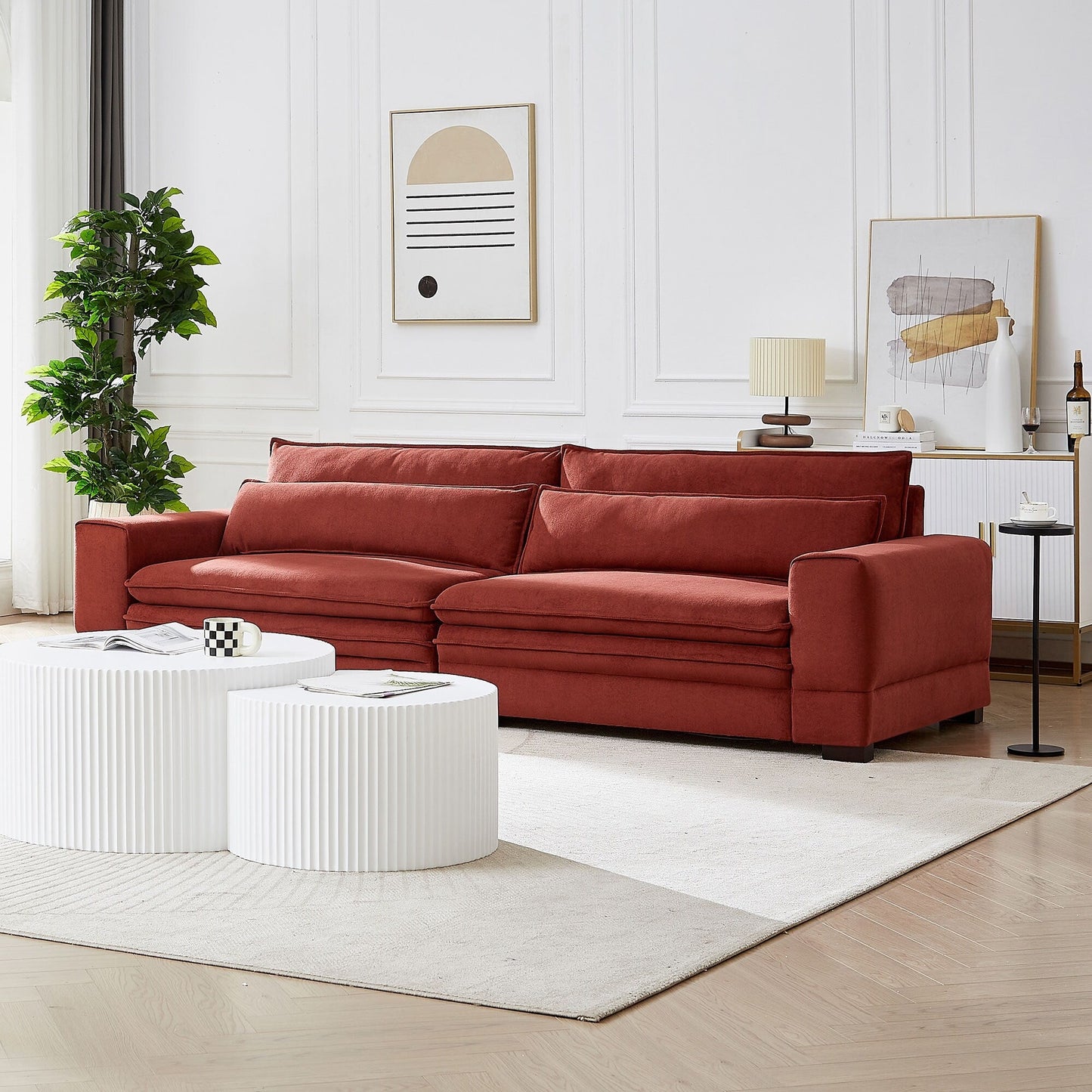 Red Modern 104.7'' 4-Seater Fabric Sofa with Wood Legs
