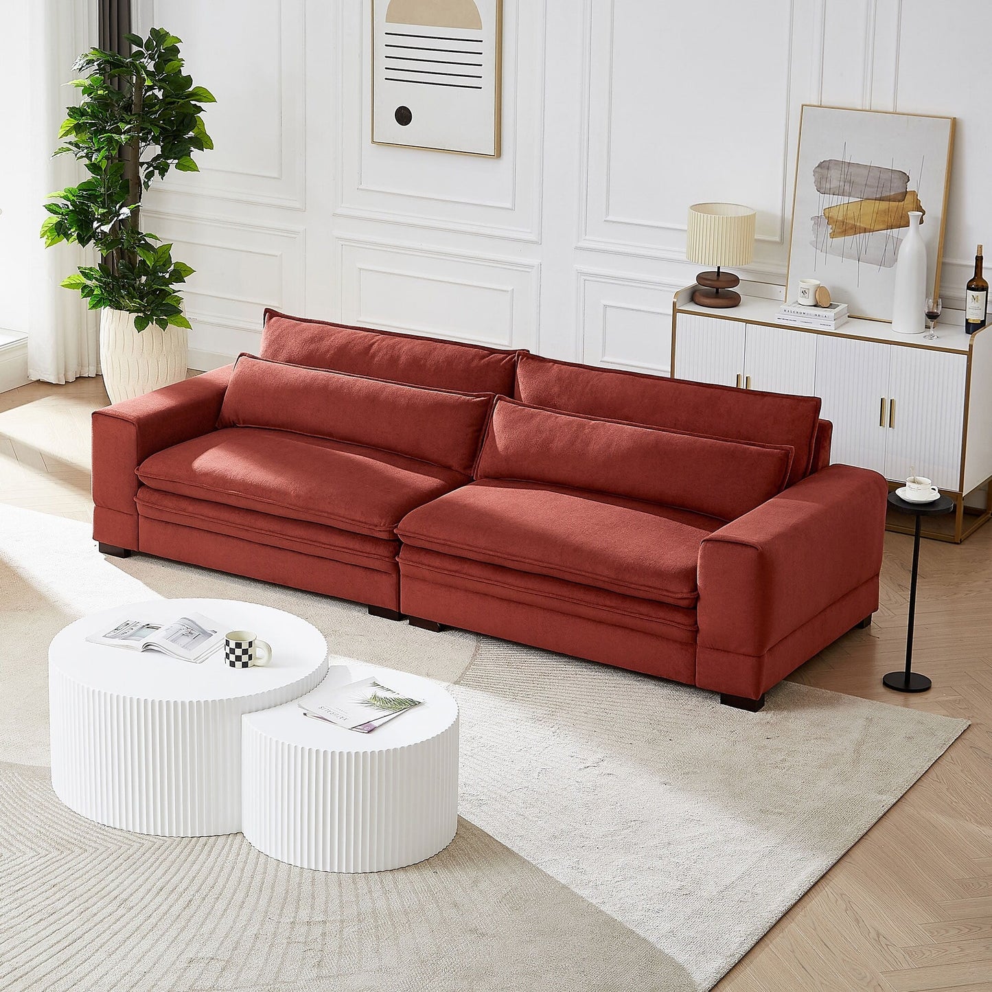 Red Modern 104.7'' 4-Seater Fabric Sofa with Wood Legs