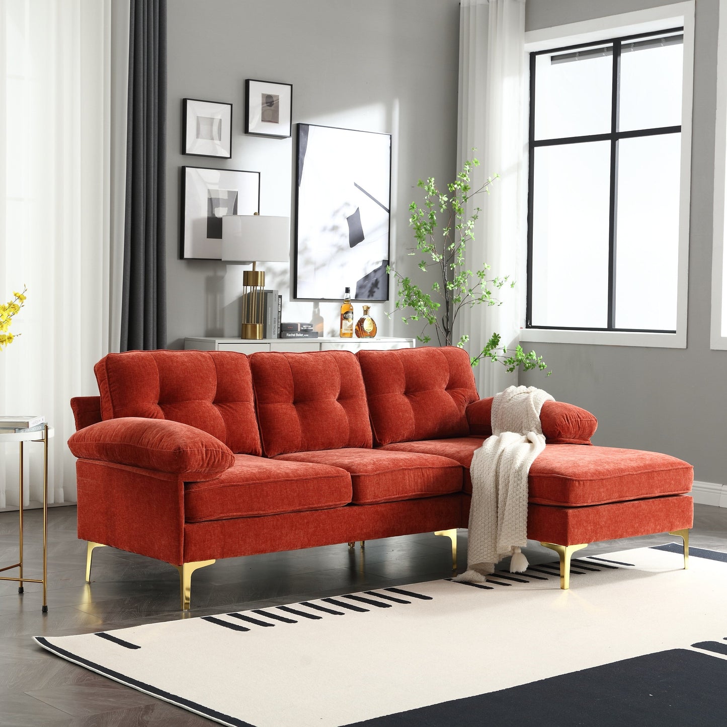 Red Modern 85'' Fabric L-Shaped 3 Seat Sofa, with High-Quality Wood Frame, Spring Cushions, Waist Pillows, Classic Design