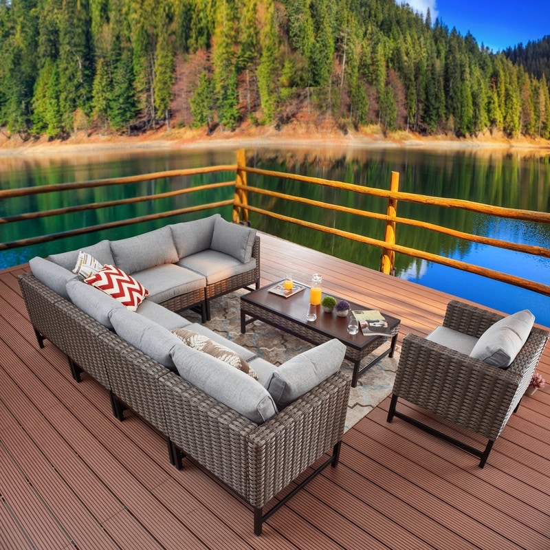 Patio Festival 8-piece Right-angle Wicker Sectional Conversation Set