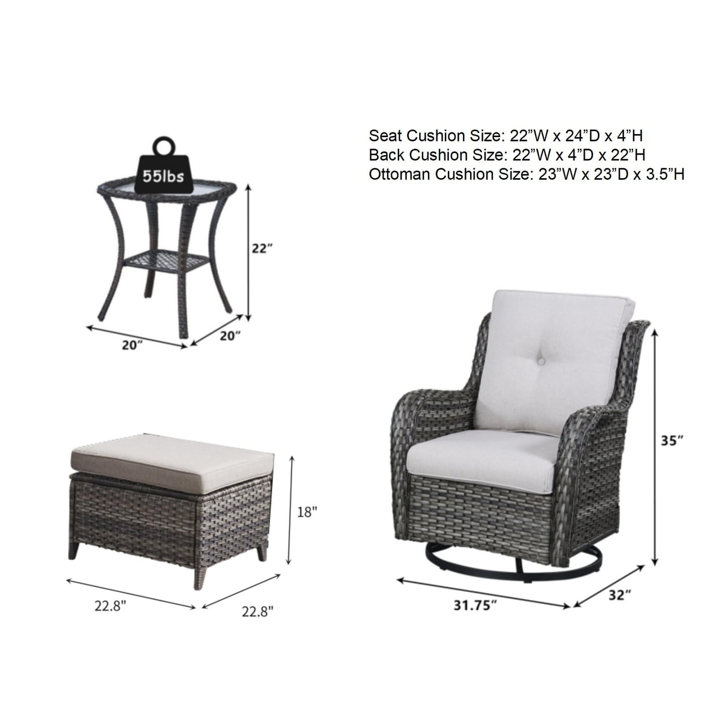 Pocassy 5-Piece Outdoor Furniture Set, Swivel chairs with Ottomans