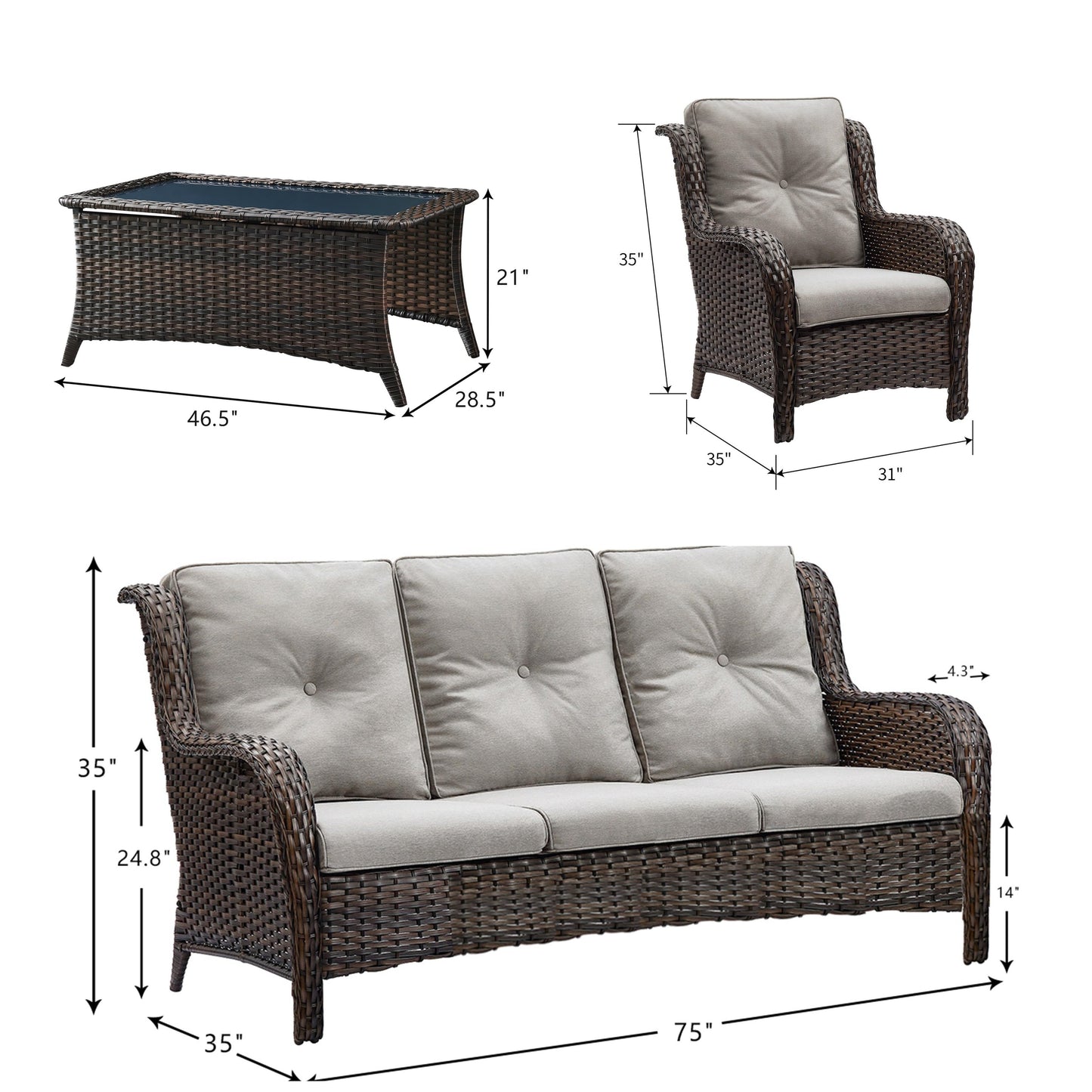 Pocassy 4-Piece Outdoor Sofa Patio Chair with Coffee Table