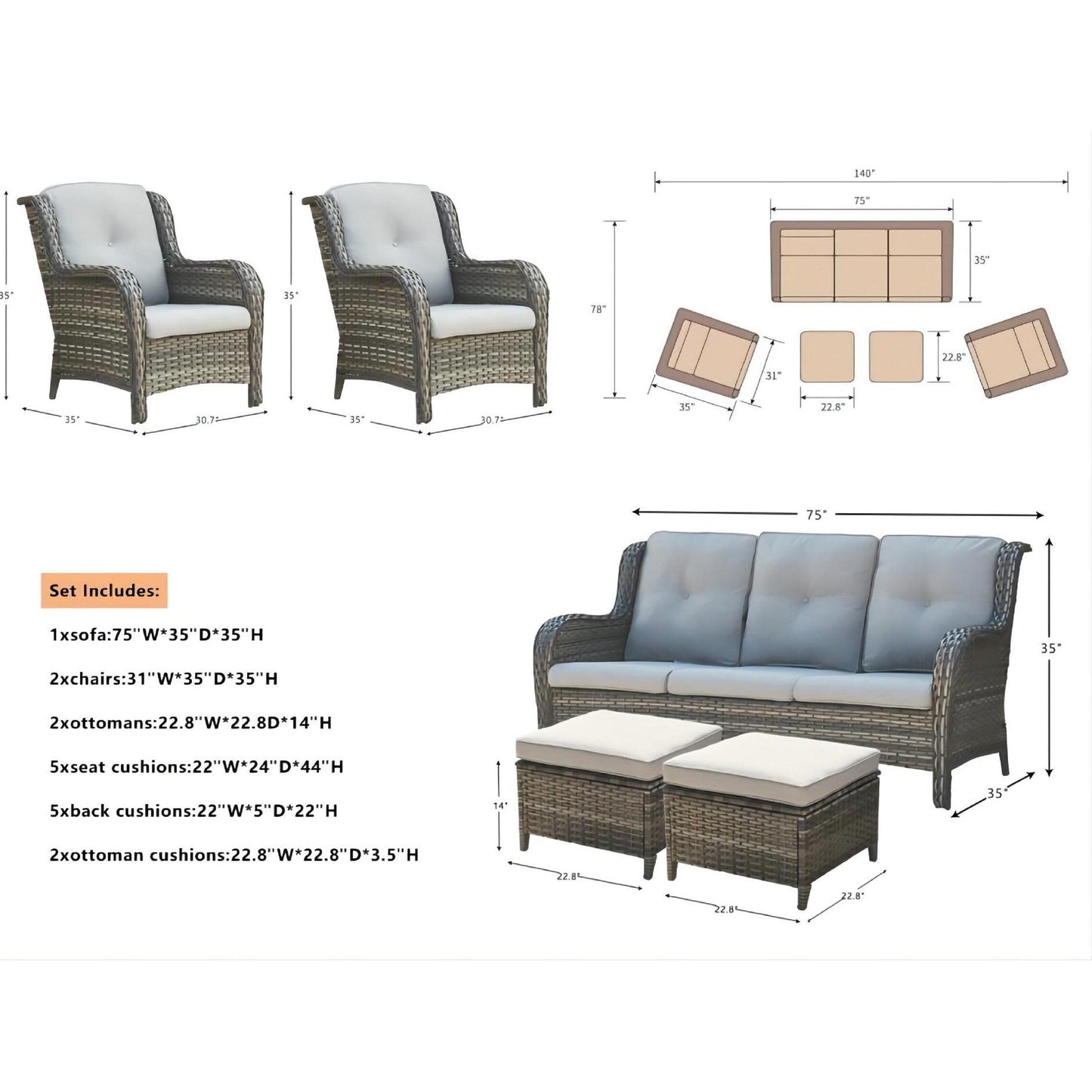 Pocassy 5-Piece Patio Furniture Set with Ottomans